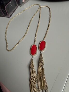 Gold Tassel Lariat Necklace with Red Stone Accents